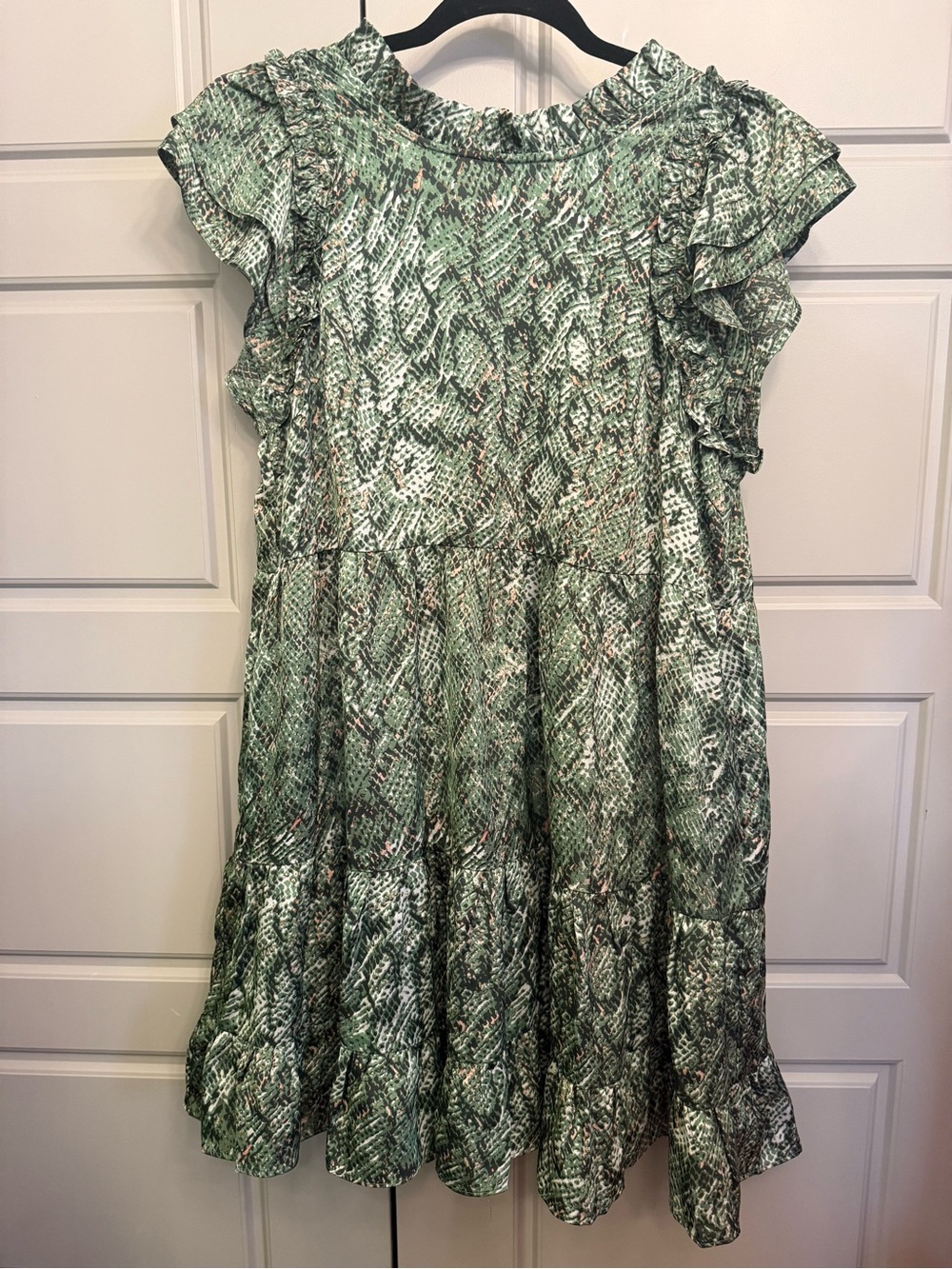 NWT[msrp $168] Joy Joy Green Snake Print Ruffle Sleeve Tiered Dress